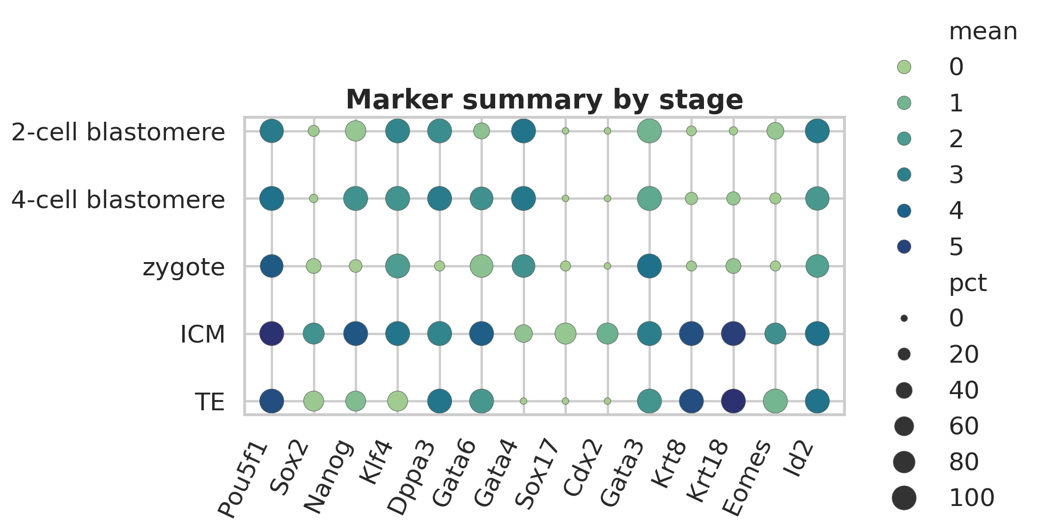 按阶段汇总 marker 的平均表达和检测比例。dotplot 用来补充 UMAP 的局部视觉印象，避免只凭单个点云区域做结论。